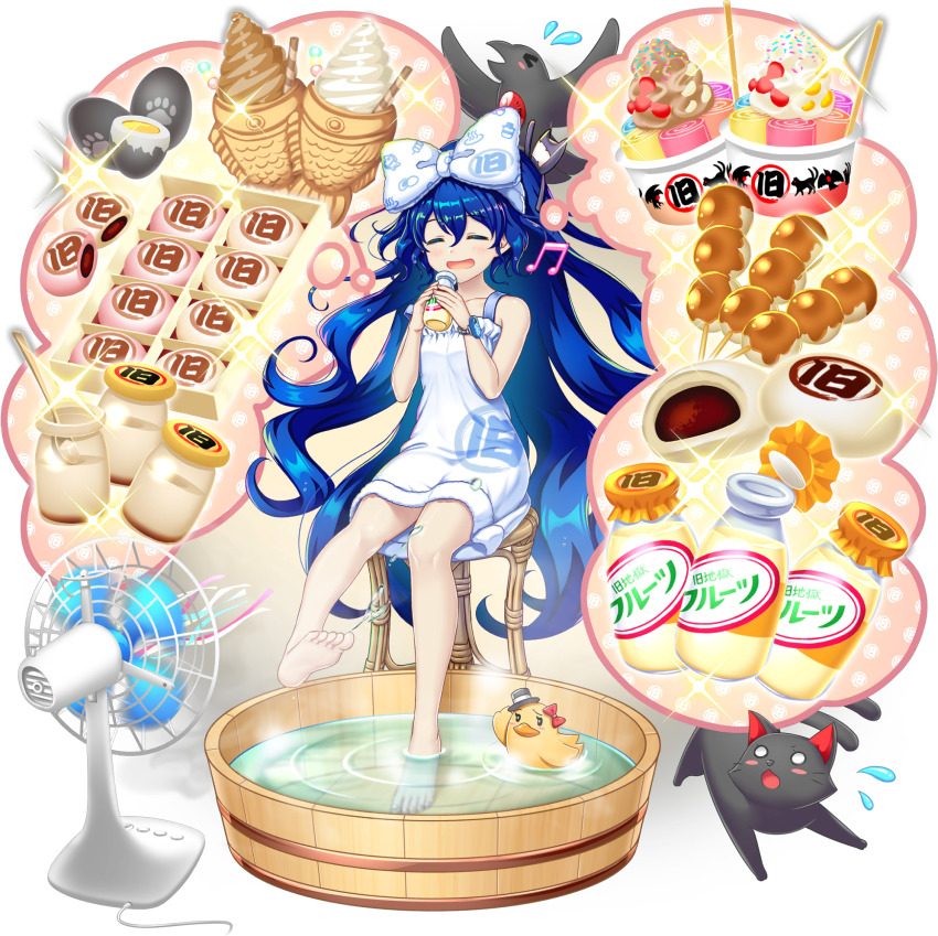 1girl alternate_costume barefoot bird black_cat blue_hair blush bottle bow bucket cat chair closed_eyes dango dress electric_fan feet flying_sweatdrops food food_print full_body game_cg hair_bow hardboiled_egg highres ice_cream kaenbyou_rin kaenbyou_rin_(cat) legs long_hair looking_at_viewer milk_bottle mitarashi_dango musical_note official_art on_chair open_mouth reiuji_utsuho reiuji_utsuho_(bird) rotte_(1109) rubber_duck sitting skewer smile soaking_feet soles solo speech_bubble steamed_bun third-party_source thought_bubble toenails toes touhou touhou_lostword translation_request transparent_background very_long_hair wading wagashi water white_bow white_dress wooden_bucket yogurt yorigami_jo&#039;on yorigami_shion yorigami_shion_(i_wanna_live_here!)