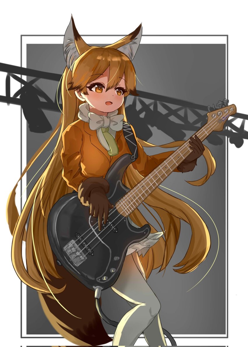 1girl animal_ears bass_guitar bow bowtie brown_fur brown_gloves brown_hair coat cowboy_shot electric_guitar extra_ears ezo_red_fox_(kemono_friends) fox_ears fox_girl fox_tail fur_trim gloves gradient_pantyhose guitar hair_between_eyes highres instrument kemono_friends llxeee long_hair long_sleeves multicolored_hair music necktie orange_coat orange_eyes orange_hair orange_pantyhose pantyhose pj_bass playing_guitar playing_instrument pleated_skirt shirt sidelocks skirt solo tail white_bow white_bowtie white_pantyhose white_shirt white_skirt yellow_necktie