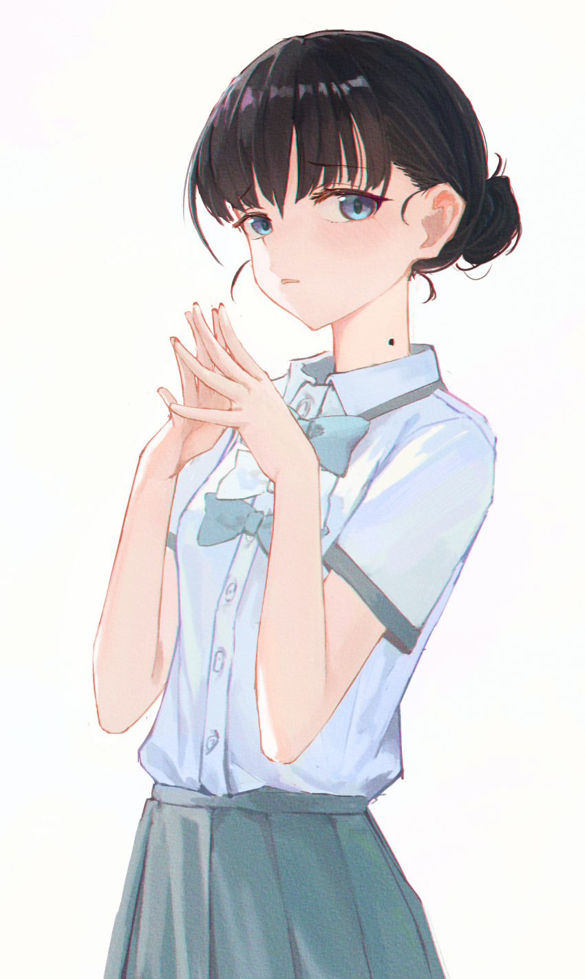 1girl absurdres basori_tiara black_hair blue_bow blue_bowtie blue_eyes blush bow bowtie collared_shirt grey_skirt haimaotuanzi hair_bun highres looking_at_viewer make_heroine_ga_oo_sugiru! mole mole_on_neck school_uniform shirt short_sleeves simple_background skirt solo white_background white_shirt