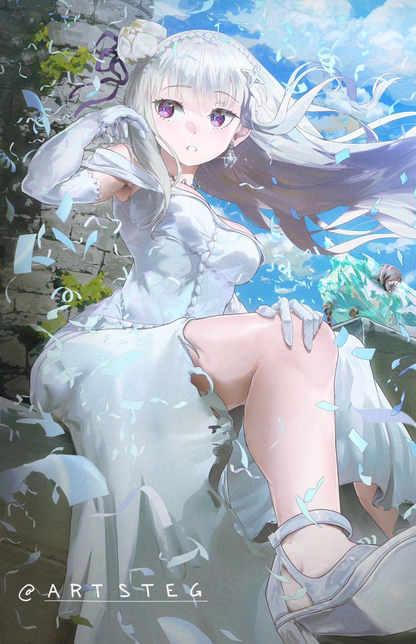 1girl arm_up bare_shoulders blue_pupils blue_sky braid breasts cleavage cloud cloudy_sky crown_braid dress earrings elbow_gloves elf emilia_(re:zero) flower frozen full_body gloves hair_flower hair_ornament hair_ribbon hand_on_own_knee high_heels highres ice jewelry long_hair looking_to_the_side medium_breasts monster moss open_mouth outdoors pointy_ears purple_eyes purple_ribbon re:zero_kara_hajimeru_isekai_seikatsu ribbon rose single_earring sitting sky stegart torn_clothes torn_dress twitter_username wedding_dress white_dress white_flower white_gloves white_hair white_rose wind x_hair_ornament