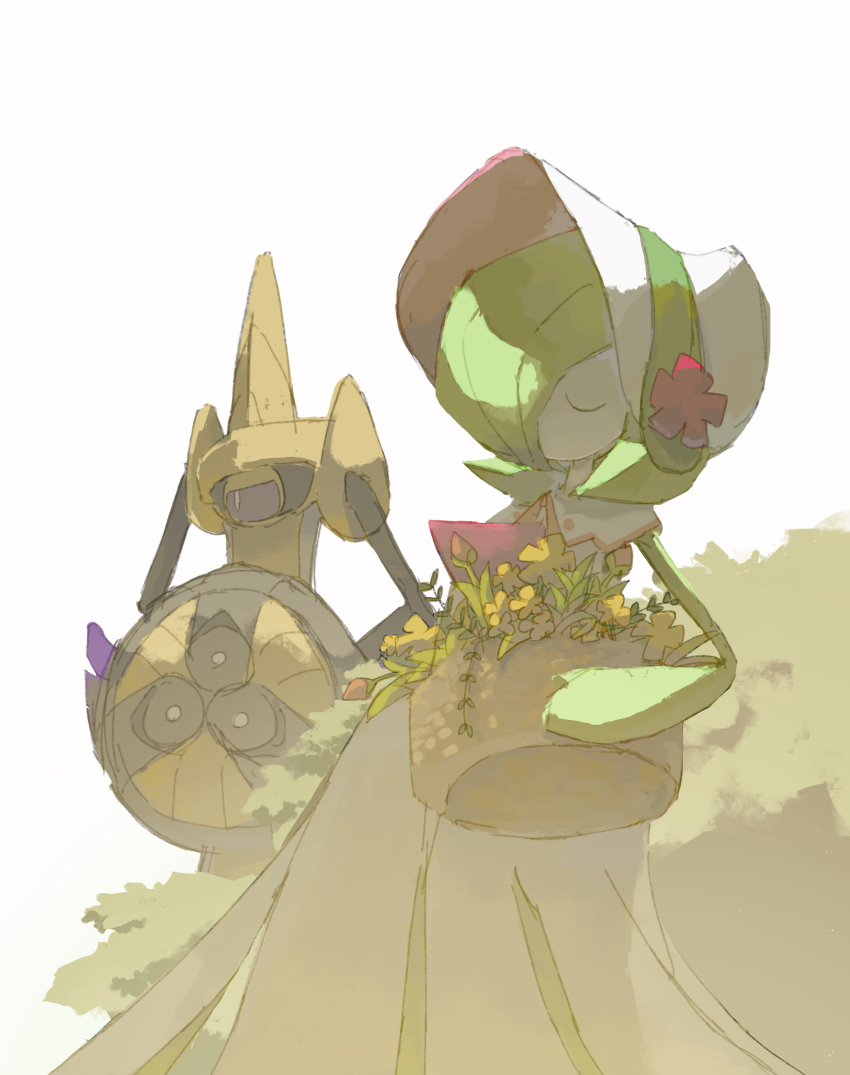 1girl absurdres aegislash basket black_sclera bob_cut bonnet bright_pupils capelet closed_eyes clothed_pokemon colored_sclera colored_skin day flower gardevoir gardevoir_(fashionable) gen_3_pokemon gen_6_pokemon grass green_hair green_skin hair_over_one_eye half-closed_eyes hat hat_flower highres holding holding_basket looking_to_the_side multicolored_skin napopo nintendo no_mouth one-eyed one_eye_covered outdoors pink_trim pokemon pokemon_(creature) pokemon_unite purple_eyes red_flower shield short_hair sitting sword two-tone_skin u_u weapon white_background white_bonnet white_capelet white_pupils white_skin yellow_flower