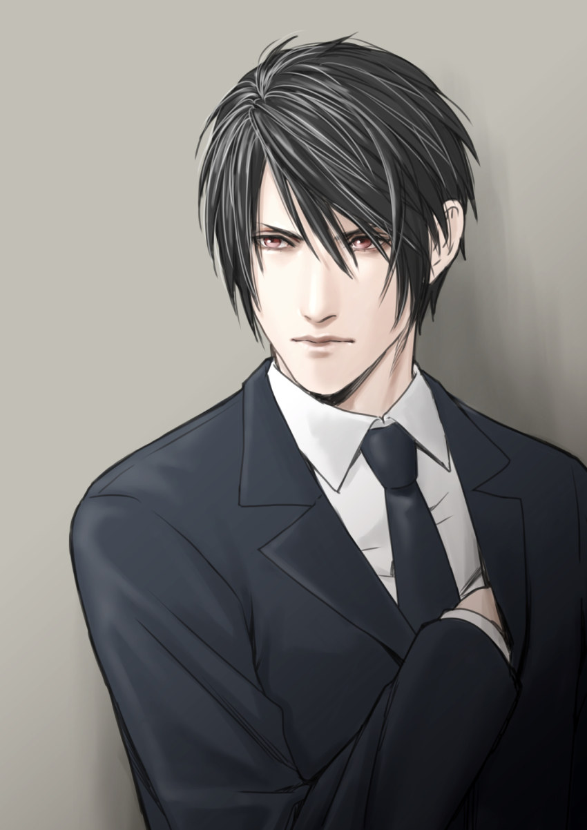 1boy black_hair black_jacket black_necktie collared_shirt final_fantasy final_fantasy_vii formal_clothes grey_background hair_between_eyes hand_in_jacket highres jacket long_sleeves looking_to_the_side male_focus necktie pale_skin reaching red_eyes sd_supa shirt short_hair solo square_enix suit suit_jacket turks_(ff7) upper_body vincent_valentine white_shirt