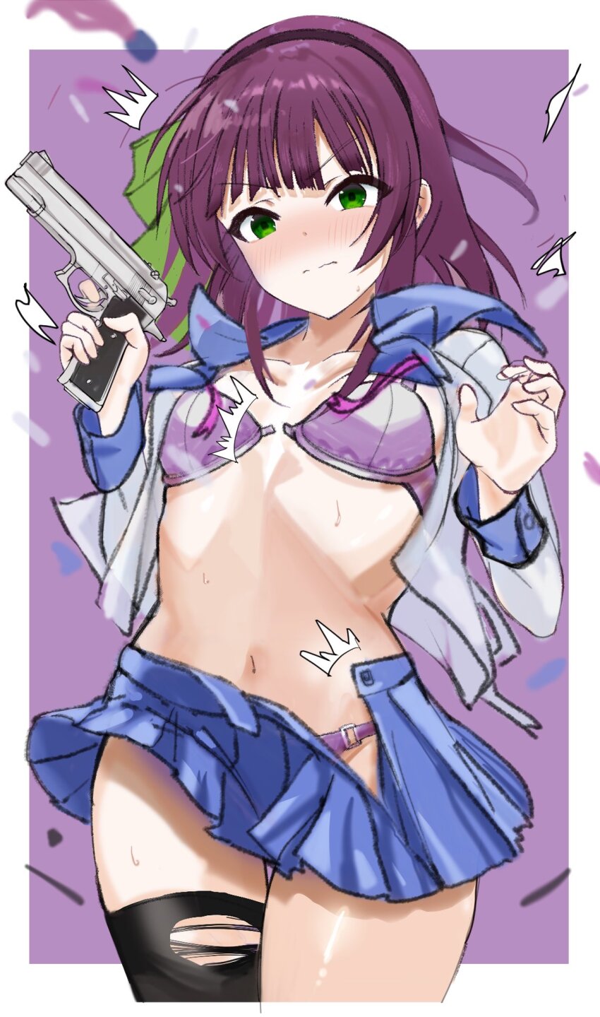 1girl ^^^ angel_beats! black_hairband black_thighhighs blue_skirt blunt_bangs blush border bow bra breasts closed_mouth commentary cowboy_shot embarrassed exploding_clothes floating_clothes floating_hair green_bow green_eyes gun hair_bow hairband handgun hands_up highres holding holding_gun holding_weapon long_sleeves looking_at_viewer medium_breasts medium_hair miniskirt nakamura_yuri navel nose_blush open_bra open_clothes open_shirt outside_border panties pleated_skirt purple_background purple_bra purple_hair purple_panties shinda_sekai_sensen_uniform shirt simple_background single_thighhigh skirt solo split_mouth stomach sweatdrop thigh_gap thighhighs torn_clothes torn_shirt torn_thighhighs underwear v-shaped_eyebrows w_arms wavy_mouth weapon white_border white_shirt zenoo zettai_ryouiki