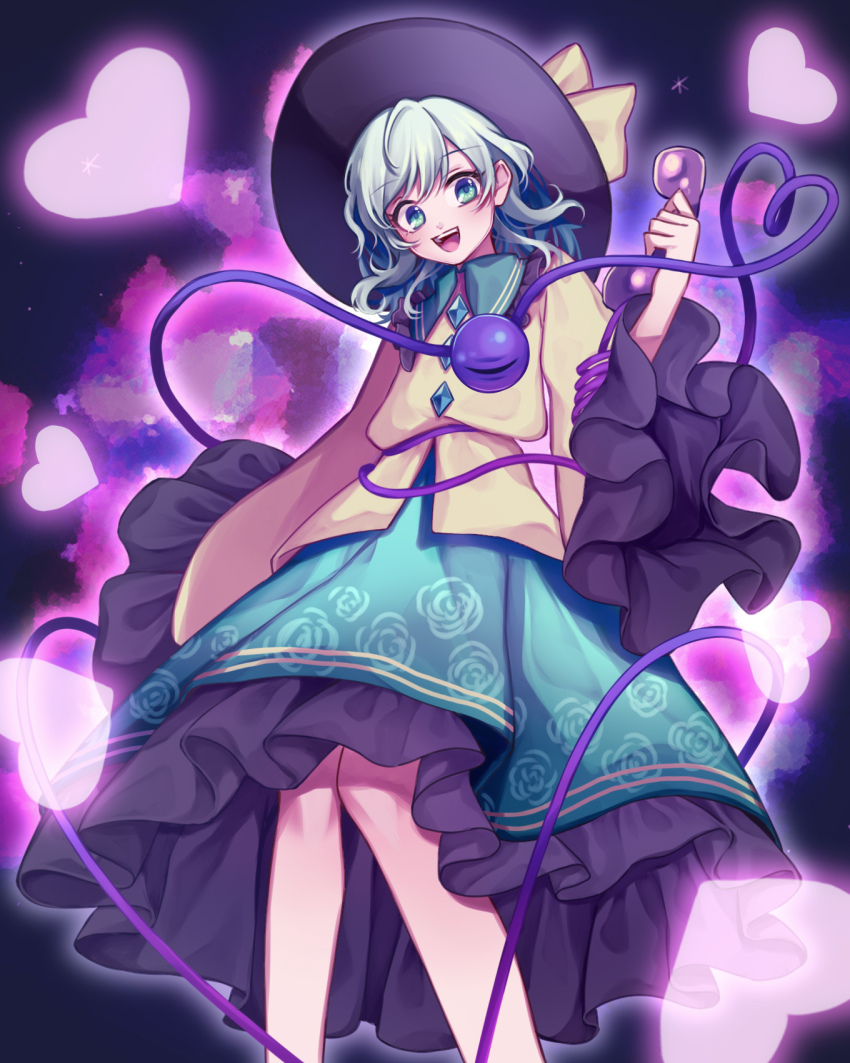 1girl :d artist_collaboration black_hat blouse blush buttons commentary corded_phone danmaku diamond_button feet_out_of_frame floral_print frilled_shirt_collar frilled_skirt frilled_sleeves frills green_eyes green_hair green_skirt hat hat_ribbon heart heart_of_string highres holding holding_phone knees_together_feet_apart komeiji_koishi long_sleeves looking_at_viewer marimo_tarou medium_hair open_mouth phone ribbon rnkgmn rose_print shirt skirt smile teeth third_eye tongue touhou upper_teeth_only wide_sleeves yellow_ribbon yellow_shirt