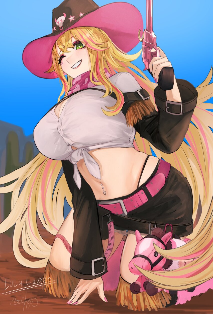 1girl ;d animal_print bandana belt belt_buckle black_panties black_shorts blonde_hair blue_sky blush breasts brown_hat buckle character_name cleavage commentary cow_print cowboy_hat cowgirl_(western) crop_top english_commentary eyelashes eyeshadow facial_mark green_eyes gun hair_between_eyes hat heart heart_facial_mark highleg highleg_panties highres holding holding_gun holding_weapon huge_breasts kneeling long_hair lulu_lasso makeup multicolored_hair navel_piercing nekotokage nexas_(vtuber) one_eye_closed open_mouth panties piercing pink_bandana pink_belt pink_eyeshadow pink_hair pink_lips second-party_source shirt shorts sidelocks signature sky smile solo streaked_hair teeth tied_shirt underwear very_long_hair virtual_youtuber weapon white_shirt