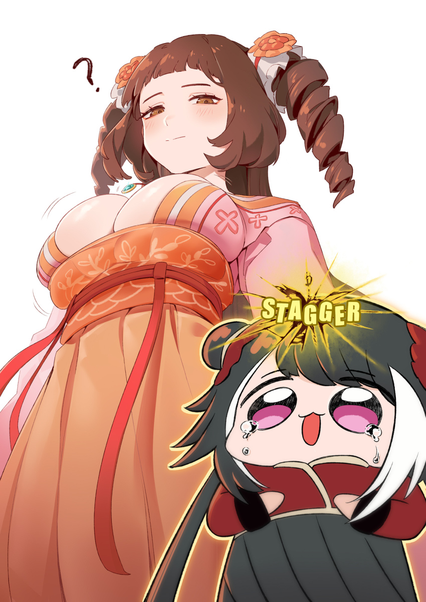 2girls 7d_nemuritai ? black_hair breast_envy breasts brown_eyes brown_hair chibi chinese_clothes cowboy_shot crying drill_hair english_text flower hair_bun hair_flower hair_ornament hands_on_own_chest hanfu highres jade_(gemstone) jewelry jia_xichun_(project_moon) large_breasts light_blush limbus_company long_hair looking_down multicolored_hair multiple_girls necklace orange_hanfu pink_eyes pink_sleeves project_moon qixiong_ruqun red_rope red_shrug red_sleeves rope simple_background small_breasts streaked_hair twin_drills two-tone_hair white_background white_hair xue_baochai_(project_moon)