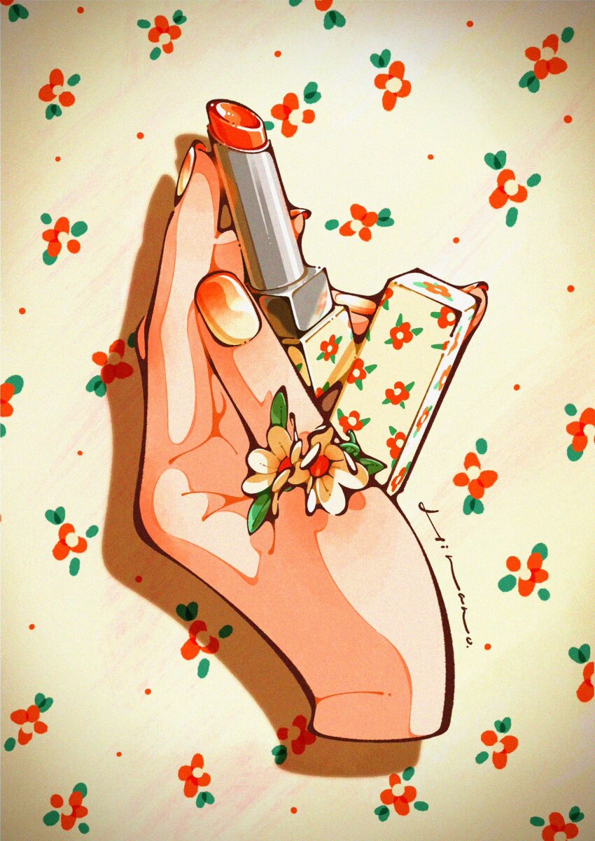 cosmetics fingernails floral_background flower gradient_nails hand_focus highres holding holding_lipstick_tube leaf lipstick lipstick_tube makeup nail_polish original red_flower signature trym_hinano