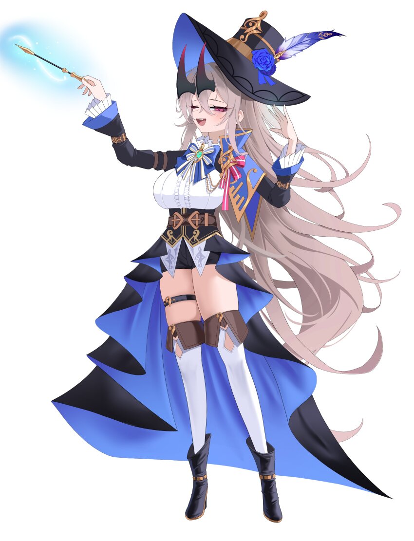1girl 82jhin :d absurdres black_boots black_hat black_horns black_skirt blue_bow blue_bowtie blue_skirt blush boots bow bowtie breasts brooch commentary_request crossed_bangs double-parted_bangs flower frills full_body gem green_brooch green_gemstone grey_hair hair_between_eyes hands_up hat hat_feather hat_flower highres holding holding_wand horns jewelry large_breasts long_hair long_sleeves looking_at_viewer magic one_eye_closed open_mouth original pink_eyes shirt showgirl_skirt simple_background skirt smile solo thighhighs treble_clef two-tone_skirt very_long_hair wand white_background white_shirt white_thighhighs