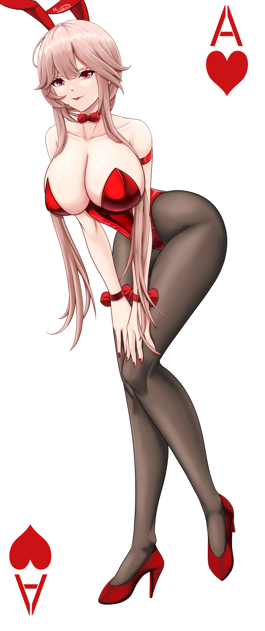 1girl absurdres ace_(playing_card) ace_of_hearts animal_ears azur_lane black_pantyhose breasts card cleavage clemenceau_(azur_lane) collarbone detached_collar fake_animal_ears full_body heart high_heels highres large_breasts leaning_forward leotard long_hair looking_at_viewer musanix pantyhose playboy_bunny playing_card rabbit_ears red_leotard shoes simple_background solo strapless strapless_leotard white_background