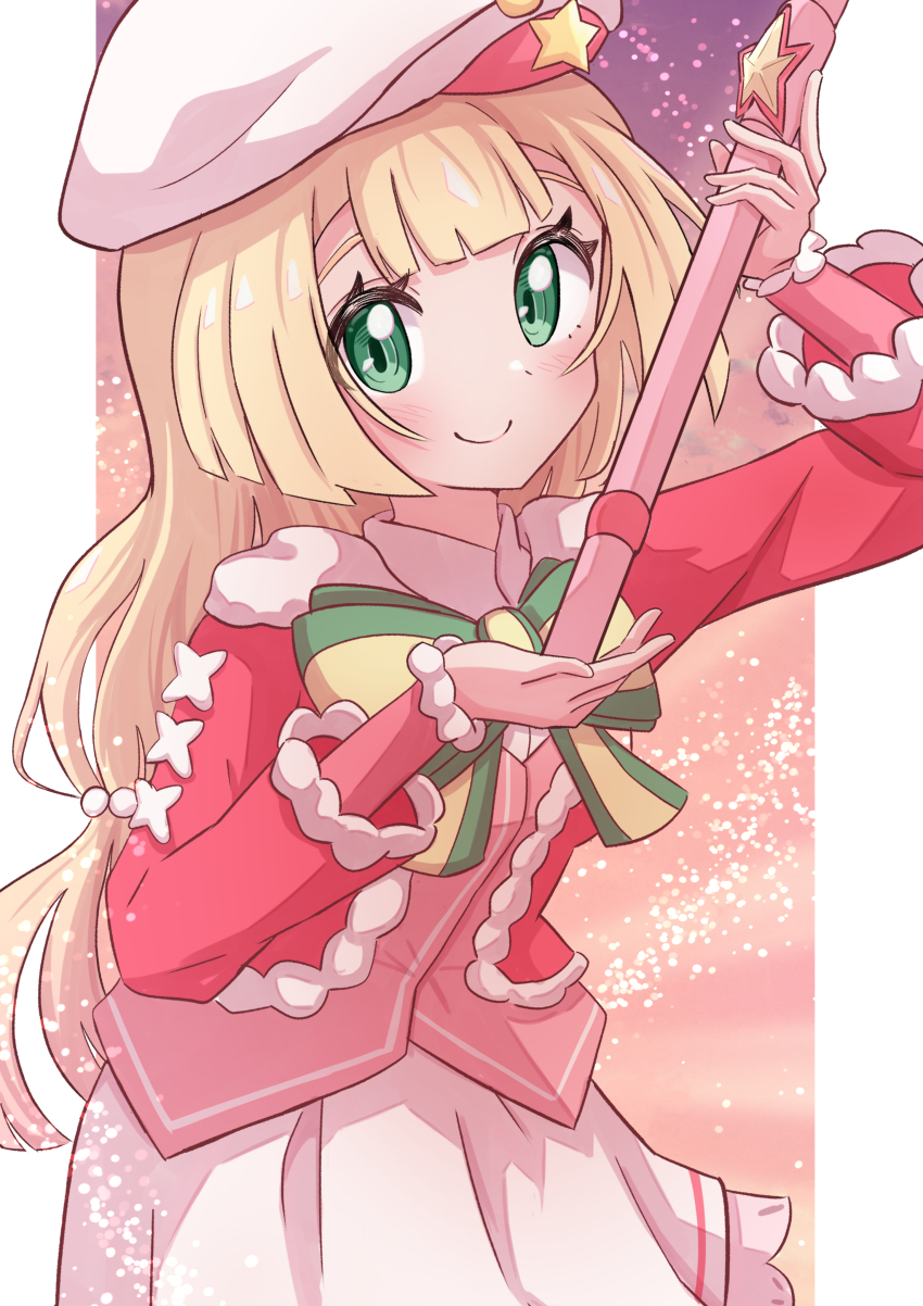 1girl absurdres blonde_hair blush dress flute frills green_eyes hat highres holding holding_instrument instrument lillie_(holiday_2024)_(pokemon) lillie_(pokemon) long_hair long_sleeves looking_at_viewer nintendo official_alternate_costume pokemon pokemon_masters_ex recorder ribbon rono_(lethys) shirt skirt smile solo white_hat