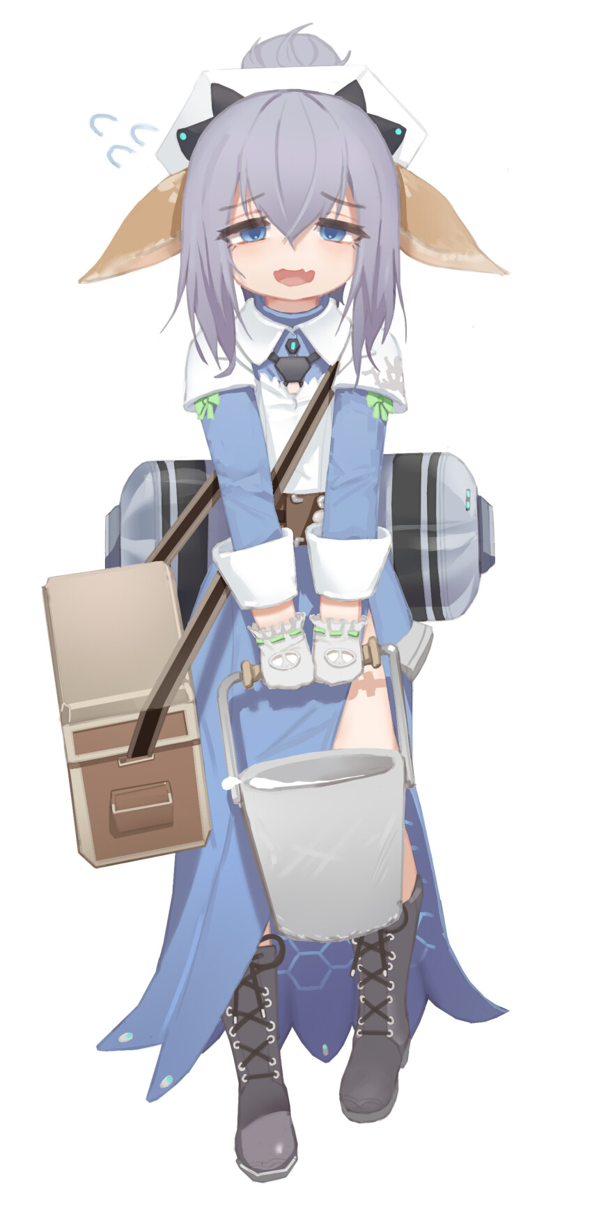 1girl absurdres aged_down bag black_boots blue_dress boots bow brown_bag bucket child collared_dress commentary dress fangs flat_chest full_body gloves green_bow greentree grey_gloves grey_hair hair_between_eyes hair_ribbon highres holding holding_bucket last_origin long_sleeves looking_at_viewer maria_of_penance medium_hair open_mouth ponytail ribbon shoulder_bag side_slit sidelocks simple_background skin_fangs solo tachi-e white_background yellow_ribbon