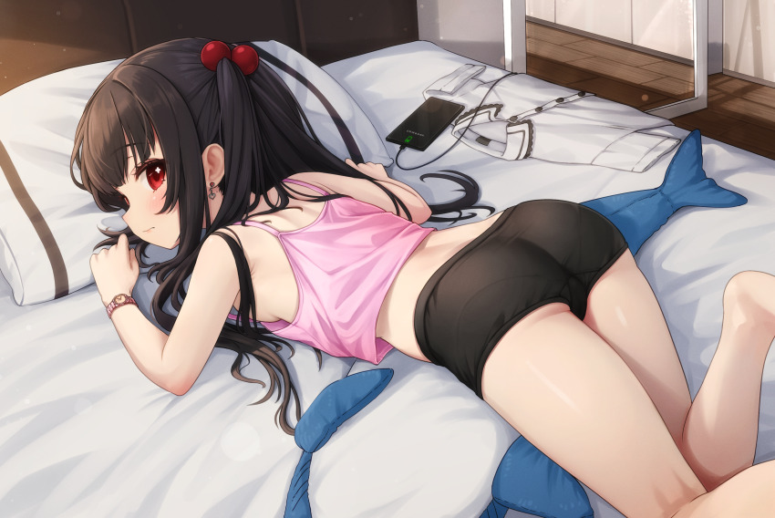 1girl absurdres ass bed black_hair black_shorts cellphone commentary comodox earrings english_commentary hair_bobbles hair_ornament highres huge_filesize jewelry loli long_hair looking_at_viewer lulla_(comodox) lying on_bed on_stomach original paid_reward_available phone pillow red_eyes shorts solo