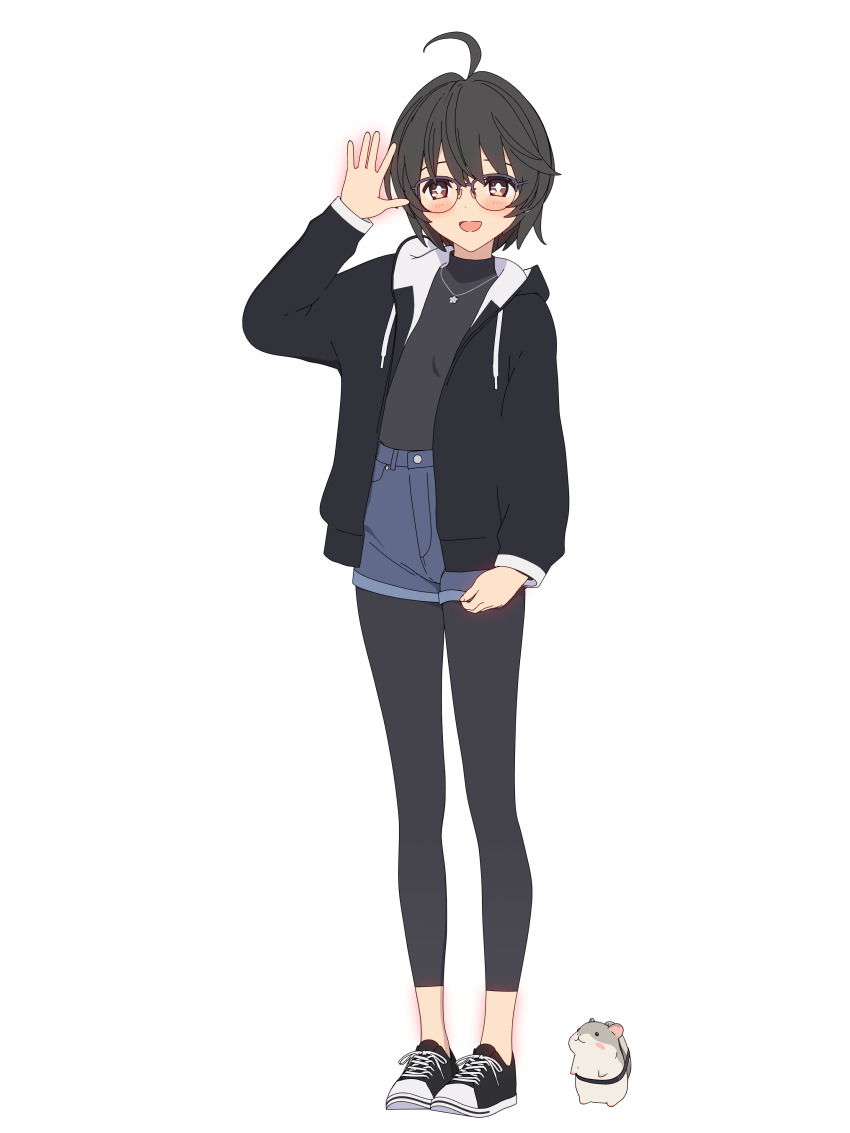 +_+ 1girl 3d absurdres ahoge arm_at_side black_hair black_hoodie black_leggings black_shirt black_shoes blender_(medium) blue_shorts blush bright_pupils brown_eyes cel_rendering cel_shading commentary_request flat_chest full_body glasses hamster hand_up highres hood hood_down hoodie jewelry leggings long_sleeves looking_at_viewer necklace no_socks open_clothes open_hand open_hoodie open_mouth pants rin_(rinrinne) rinrinne rinrinne39_(artist) shirt shoes short_hair shorts simple_background smile sneakers solo standing star_(symbol) star_necklace tachi-e transparent_background turtleneck virtual_youtuber white_pupils