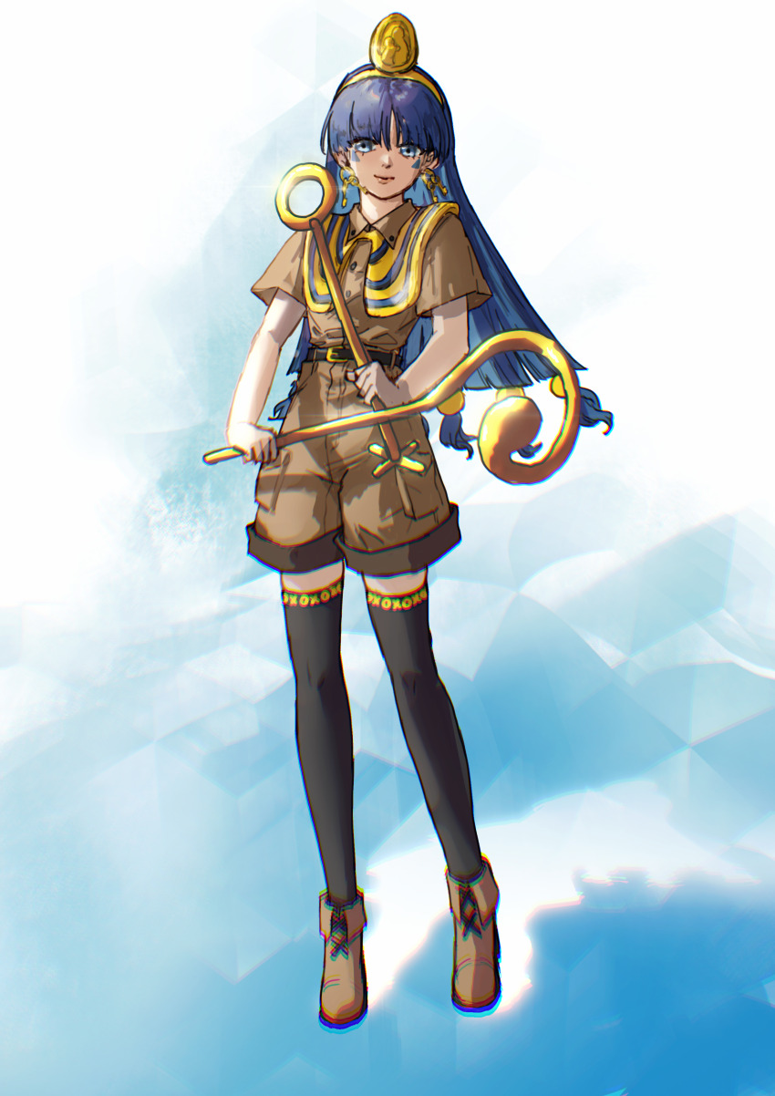 1girl absurdres belt belt_buckle black_belt black_thighhighs blue_eyes blue_hair boots brown_boots brown_shirt brown_shorts buckle chinese_commentary chromatic_aberration commentary_request earrings facial_mark full_body glint gold_hairband hairband highres holding holding_scepter jewelry long_hair low-tied_long_hair michigami_nareko scepter shirt shorts smile solo thighhighs touhou triangle triangle_facial_mark voyager13