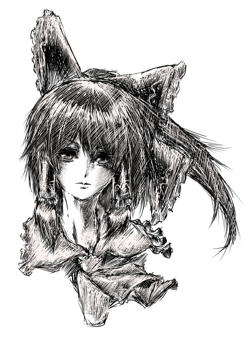 1girl bow closed_mouth female_focus greyscale hair_bow hair_tubes hakurei_reimu highres looking_at_viewer monochrome nameo_(judgemasterkou) necktie ponytail portrait simple_background solo touhou white_background