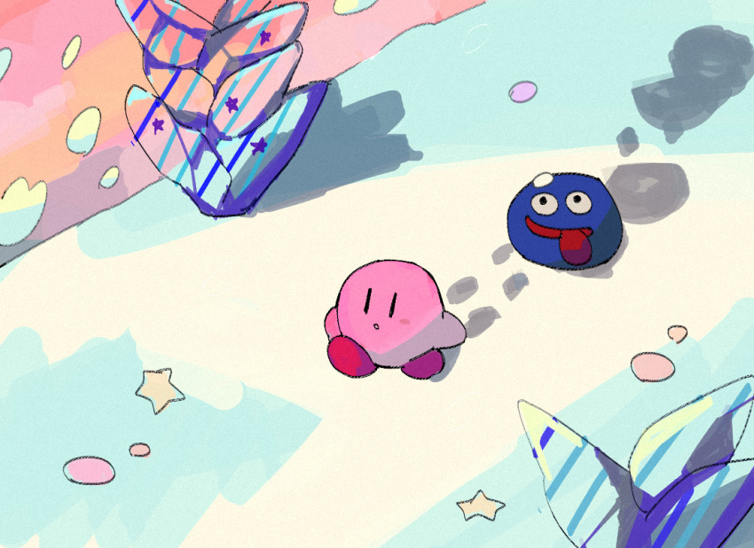 bad_id bad_pixiv_id blush_stickers from_above gooey_(kirby) kirby kirby&#039;s_dream_land_3 kirby_(series) nintendo smile soumenhiyamugi tongue tongue_out walking