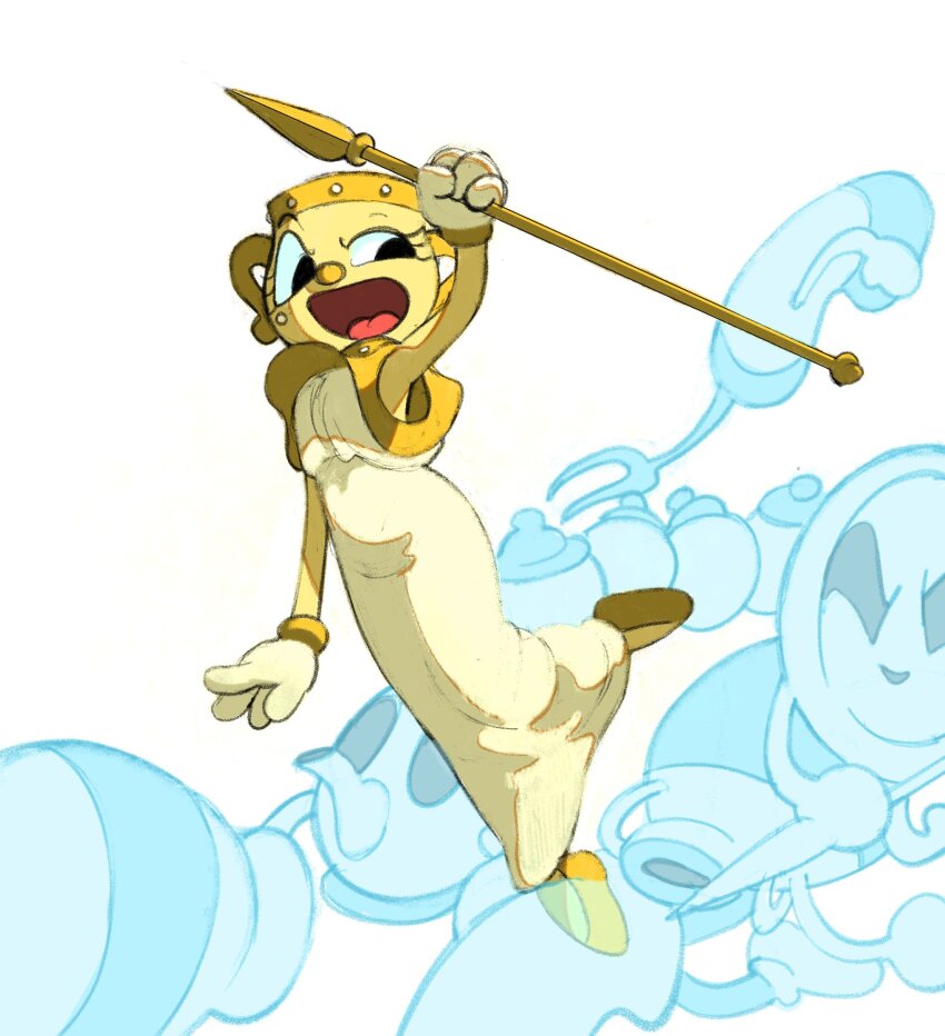 1girl black_eyes chalice cup cuphead_(game) doi_m2000 dress drinking_straw full_body furry ghost gloves highres holding holding_staff looking_back mountain ms._chalice open_mouth simple_background sleeveless smile solo spirit staff weapon white_background white_dress white_gloves