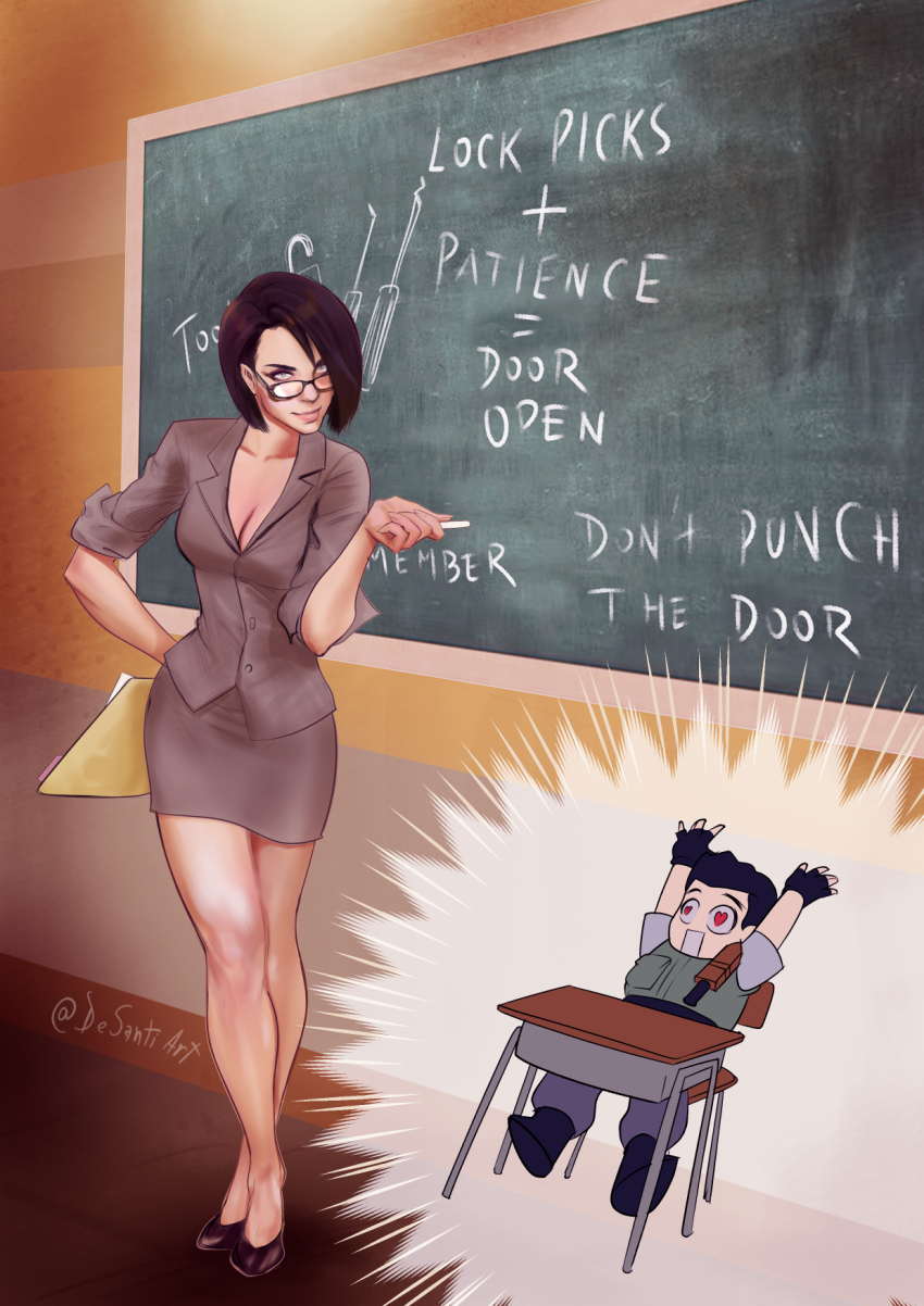 1boy 1girl artist_name chris_redfield desantiart dress_suit glasses heart heart-shaped_pupils highres jill_valentine resident_evil round_eyewear short_hair signature symbol-shaped_pupils teacher_and_student twitter_username