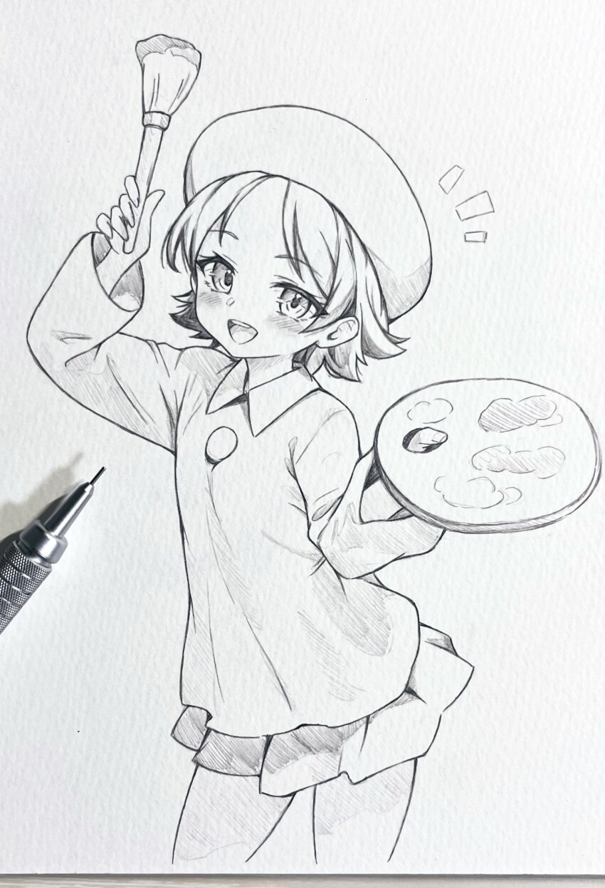1girl adeleine art_tools_in_frame collared_shirt commentary_request graphite_(medium) greyscale hat highres holding holding_paint_palette holding_paintbrush kirby_(series) kirby_64 looking_at_viewer monochrome nintendo notice_lines open_mouth paint_palette paintbrush seishun_dendeke shirt short_hair skirt smile solo standing traditional_media