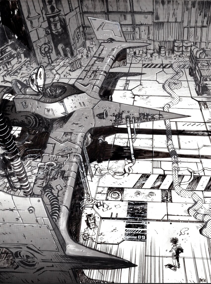 1boy cable cowboy_bebop daniel_warren_johnson hands_in_pockets highres monochrome scenery science_fiction shadow signature size_difference smoking solo spacecraft spike_spiegel standing swordfish_ii