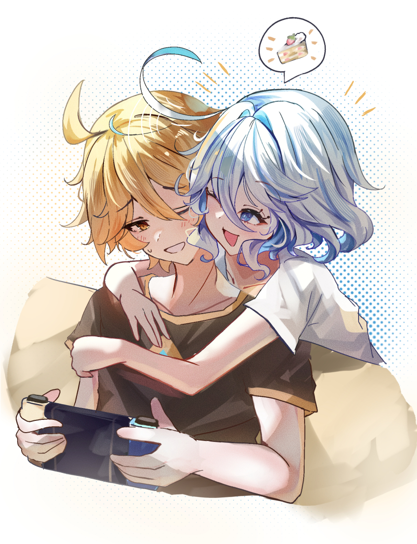 1boy 1girl aether_(genshin_impact) bimmy black_shirt blonde_hair blue_eyes blue_hair controller furina_(genshin_impact) game_controller genshin_impact handheld_game_console highres holding holding_controller holding_game_controller multicolored_hair nintendo_switch one_eye_closed open_mouth shirt smile streaked_hair white_hair white_shirt yellow_eyes