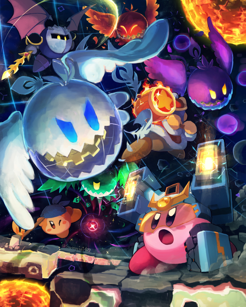 absurdres bandana bandana_waddle_dee bat_wings battle blue_bandana blush_stickers closed_eyes commentary_request copy_ability doomer_(kirby) feathers fire flaming_weapon galaxia_(sword) hammer highres holding holding_hammer holding_polearm holding_sword holding_weapon king_dedede kirby kirby&#039;s_return_to_dream_land kirby&#039;s_return_to_dream_land_deluxe kirby_(series) mask meta_knight nintendo no_humans one_eye_closed open_mouth polearm pom_pom_(clothes) solid_oval_eyes sparkle spear sphere_doomer star_(symbol) suyasuyabi sword twitter_username weapon wings