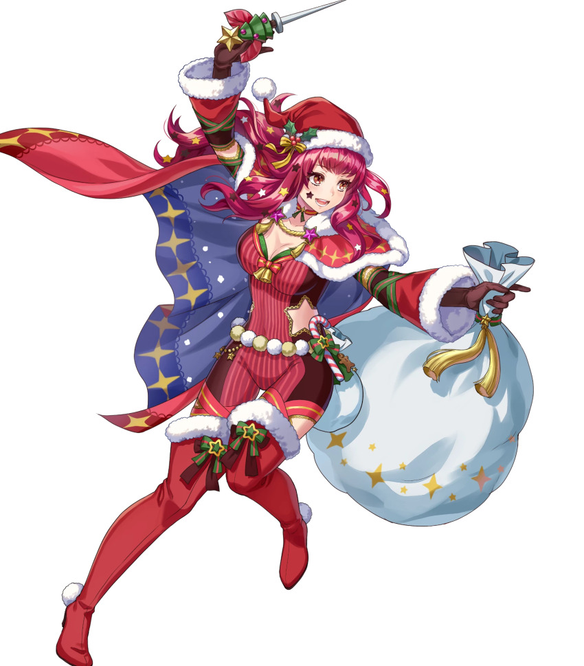 1girl attack blue_cape bodysuit boots breasts cape cleavage fire_emblem fire_emblem_engage fire_emblem_heroes hair_ornament hat highres holding holding_sack holly holly_hair_ornament ice_pick katze-reis-kuchen--nyankoromochi long_hair medium_breasts multicolored_cape nintendo non-web_source official_alternate_costume official_art open_mouth red_bodysuit red_boots red_cape red_hair sack santa_hat simple_background smile solo star_(symbol) star_hair_ornament star_print thigh_boots white_background yunaka_(fire_emblem) yunaka_(fire_emblem)_(spirited_envoy)