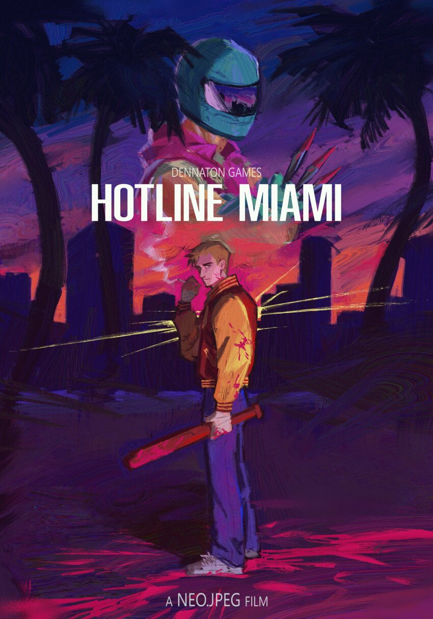 2boys absurdres baseball_bat biker_(hotline_miami) biker_clothes blonde_hair blood blood_on_clothes blood_on_ground blue_eyes cigarette cityscape collared_shirt english_text faceless from_side full_body gradient_sky helmet highres holding holding_baseball_bat holding_cigarette holding_weapon hotline_miami hotline_miami_2:_wrong_number jacket jacket_(hotline_miami) knife looking_back male_focus motorcycle_helmet movie_poster multiple_boys multiple_knives neo_jpeg palm_tree pink_jacket pool_of_blood shadow shirt short_hair silhouette sky smoking standing sunset tree weapon