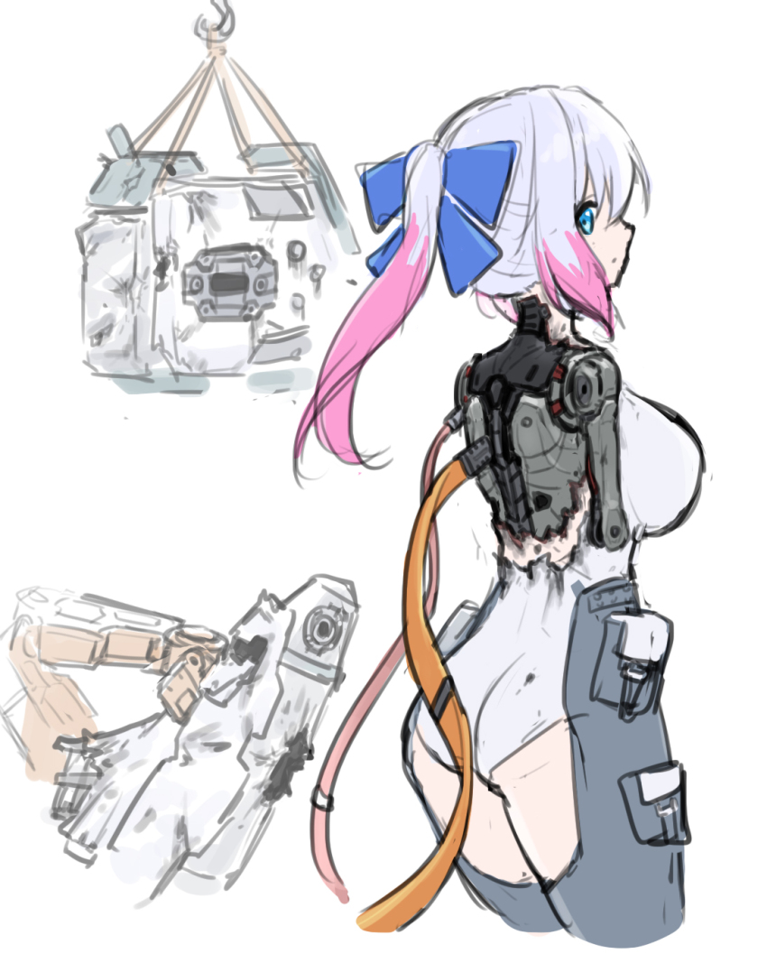1girl android blue_bow blue_eyes bow breasts damaged dolls_nest gradient_hair grey_hair hair_between_eyes hair_bow highres large_breasts long_hair looking_back maxilax mechabare multicolored_hair pink_hair sidelocks solo