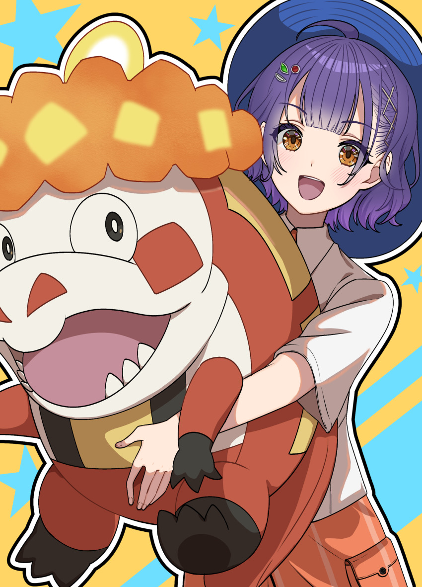 1girl absurdres ahoge blue_hat collared_shirt commentary_request crocalor crossover eyelashes hat highres holding holding_pokemon looking_at_viewer nanase_suzuna nijisanji nintendo open_mouth orange_eyes outline pokemon pokemon_(creature) pokemon_sv purple_hair shirt star_(symbol) totoki_(omiya-83) virtual_youtuber white_outline white_shirt