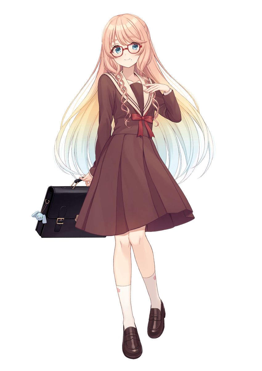 1girl aqua_eyes blonde_hair bow briefcase brown_dress brown_shoes closed_mouth collarbone dot_nose double_helix dress eyes_visible_through_hair fingernails full_body glasses gradient_hair hand_up highres holding holding_briefcase light_blush loafers long_hair long_sleeves looking_at_viewer medium_dress mole mole_under_mouth multicolored_hair pleated_dress red-framed_eyewear red_bow shiromikan shoes simple_background smile socks solo sora_sakurano swept_bangs transparent_background very_long_hair voicepeak white_hair white_socks