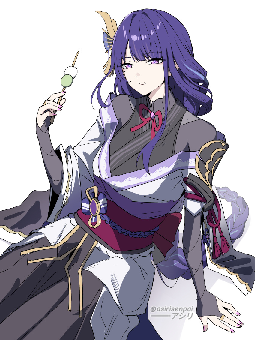 1girl absurdres adapted_costume asiri_senpai black_bridal_gauntlets black_shirt black_skirt blue_pupils breasts bridal_gauntlets commentary dango eating food genshin_impact hair_ornament highres holding holding_food japanese_clothes kimono long_hair long_skirt looking_at_viewer low-braided_long_hair low-tied_long_hair mole mole_under_eye nail_polish purple_eyes purple_hair purple_kimono purple_nails purple_sash raiden_shogun sanshoku_dango sash shirt simple_background sitting skirt small_breasts smile solo twitter_username very_long_hair wagashi white_background