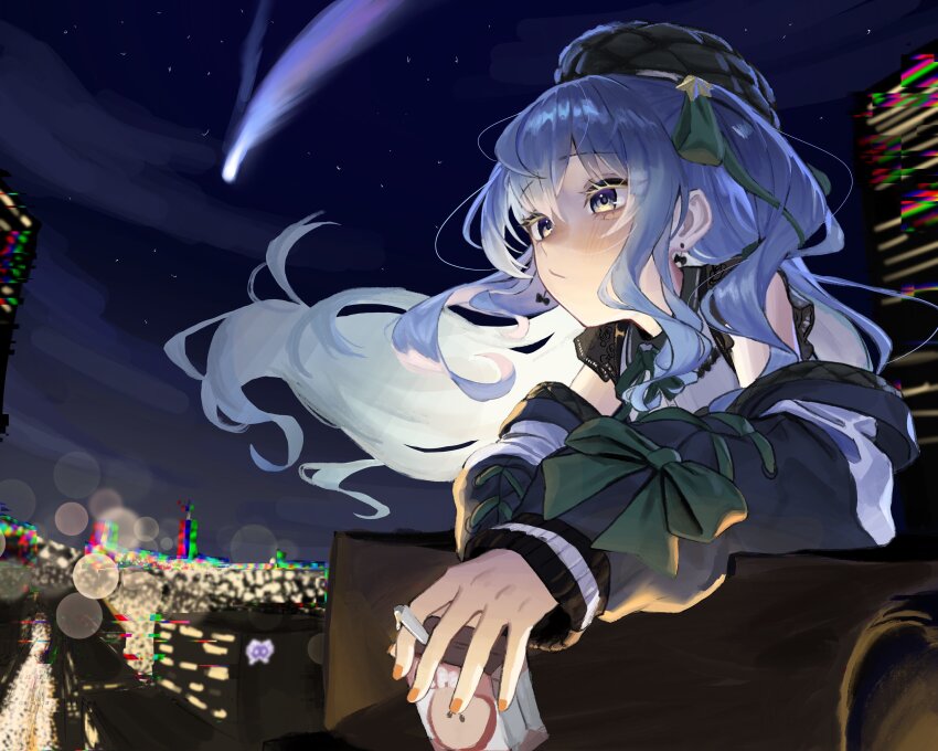 1girl absurdres apple_juice ayeon beret black_hat blue_hair building city city_lights closed_mouth comet earrings floating_hair green_ribbon hat highres holding_juice_box hololive hoshimachi_suisei hoshimachi_suisei_(casual) jewelry juice juice_box long_hair long_sleeves looking_ahead night night_sky official_alternate_costume ribbon sky solo virtual_youtuber wind yellow_eyes