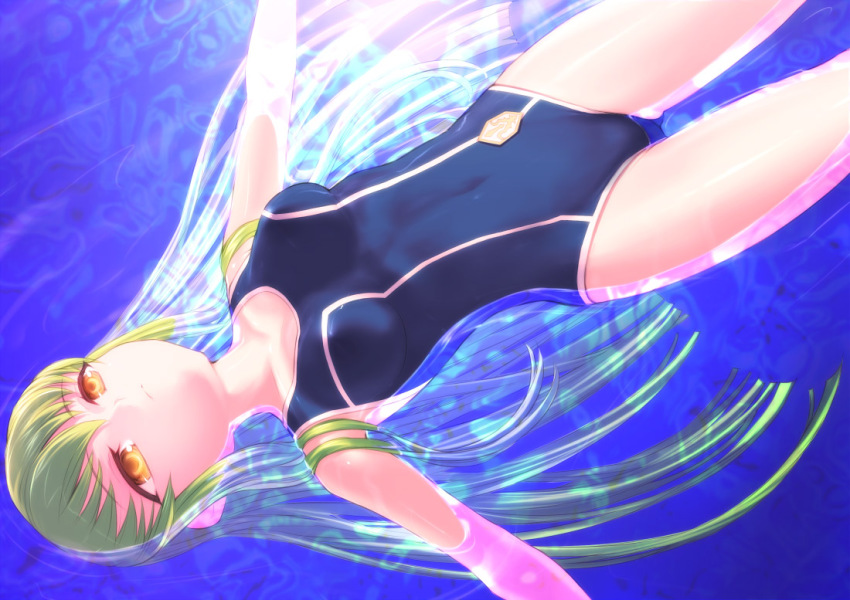 00s 1girl afloat breasts c.c. code_geass competition_swimsuit covered_navel female_focus green_hair long_hair one-piece_swimsuit solo swimsuit uni_(plastic_girl) water yellow_eyes