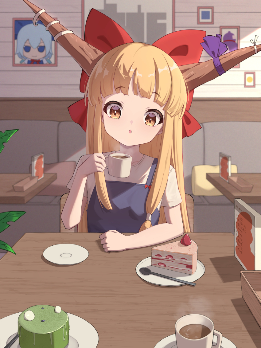 1girl :o alternate_costume blonde_hair blue_overalls blunt_bangs blush bow brown_horns cafe cake cake_slice cirno coffee coffee_mug commentary_request cup food fumo_(doll) hair_bow highres horn_bow horn_ornament horns ibuki_suika indoors long_hair looking_at_viewer matcha_(food) mug oeyama open_mouth overalls photo_(object) pov_across_table purple_bow red_bow shirt short_sleeves sidelocks solo spoon t-shirt table touhou upper_body white_shirt