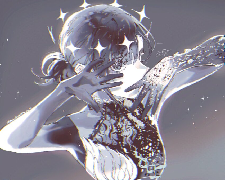 1girl aisutabetao arms_up black_gloves figure_skating figure_skating_dress gloves looking_at_viewer medalist_(manga) monochrome okazaki_iruka solo star_(symbol) upper_body
