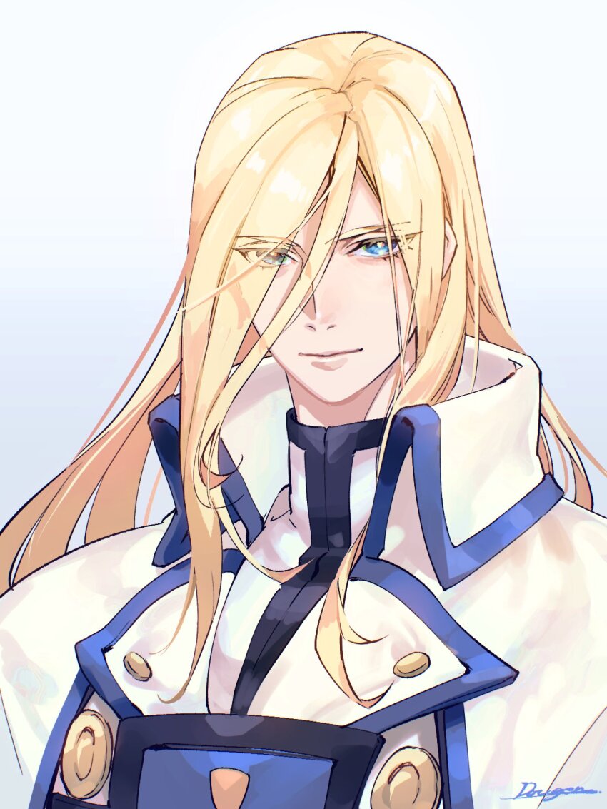 1boy bishounen blonde_hair blue_eyes blue_trim closed_mouth coat collared_coat colored_eyelashes commentary_request eyelashes eyes_visible_through_hair guilty_gear guilty_gear_xrd hair_down high_collar highres kin_mokusei ky_kiske long_hair male_focus signature simple_background smile solo upper_body white_background white_coat wing_collar
