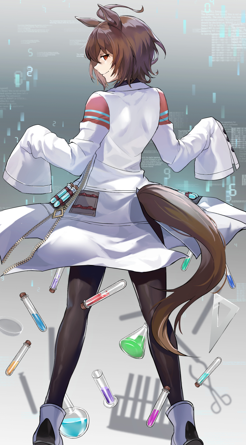 1girl absurdres agnes_tachyon_(umamusume) ahoge akitsuki_(oenothera) animal_ears black_pantyhose brown_hair commentary_request cork erlenmeyer_flask flask from_behind hair_between_eyes highres horse_ears horse_girl horse_tail lab_coat long_sleeves looking_at_viewer pantyhose partially_unzipped red_eyes round-bottom_flask scene_reference senjougahara_pose set_square shadow shoes short_hair sleeves_past_fingers sleeves_past_wrists smile solo tail test_tube test_tube_rack umamusume