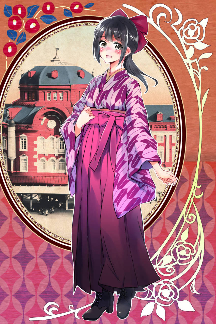 1girl :d black_boots blush boots bow breasts brown_eyes brown_hair combat_boots eyebrows eyelashes female_focus floral_background floral_print flower hair_between_eyes hair_bow hair_ornament hakama hakama_skirt highres japanese_clothes kimono lace-up_boots long_hair long_sleeves looking_at_viewer meiji_schoolgirl_uniform miman open_mouth original pink_bow pink_hakama pink_shirt pink_skirt pleated_skirt ponytail rose_print school_uniform shirt simple_background skirt smile solo standing taishou_era tsurime wide_sleeves yagasuri