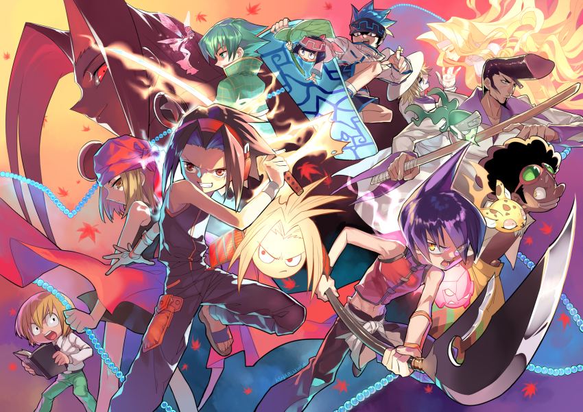 3girls 6+boys amidamaru asakura_hao asakura_yoh aura bandana bason black_hair blonde_hair blue_eyes blue_hair book brown_eyes brown_hair chinese_clothes chocolove_mcdonell dark_skin earrings eliza_(shaman_king) ghost gloves green_eyes green_hair hairband hat headphones highres husband_and_wife jewelry johann_faust_viii jumping kororo kushabiria kyouyama_anna leaf long_hair lyserg_diethel mic_(shaman_king) morphine multiple_boys multiple_girls necklace oyamada_manta polearm red_eyes shaman_king short_hair snowboard spirit sword tao_ren tokagerou usui_horokeu weapon yellow_eyes