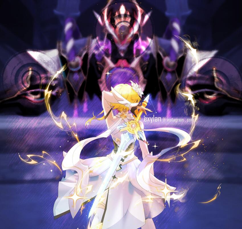 1girl 1other arm_armor arm_up bare_shoulders black_gloves blonde_hair blurry blurry_background commentary cowboy_shot dress duel energy english_commentary exylan floating_clothes floating_hair from_behind genshin_impact gloves highres holding holding_behind_back holding_sword holding_weapon holding_weapon_behind_back instagram_username lumine_(genshin_impact) mecha partially_fingerless_gloves robot scaramouche_(genshin_impact) scaramouche_(shouki_no_kami)_(genshin_impact) short_hair_with_long_locks skyward_blade_(genshin_impact) solo_focus sword weapon white_dress