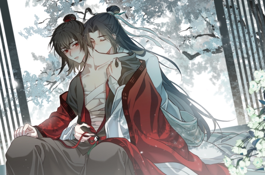 2boys artist_request bandaged_chest bandaged_torso bandages black_hair black_hanfu black_robe blush branch chest_sarashi chinese_clothes chinese_commentary closed_eyes coat collarbone commission dao_gui_yi_xian flower hair_bun hair_ornament hair_ribbon hair_stick hand_on_another&#039;s_stomach hanfu highres hug hug_from_behind kiss kissing_neck li_huowang long_hair long_sleeves male_focus multiple_boys off_shoulder open_clothes open_robe paintbrush_hair_ornament parted_lips pectoral_cleavage pectorals red_coat red_eyes ribbon robe sarashi second-party_source single_bare_shoulder single_hair_bun sitting tree white_flower white_hanfu white_ribbon yaoi yin_yang zhuge_yuan