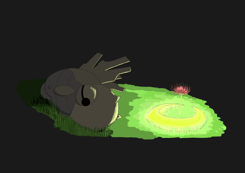 absurdres animal_focus black_background black_eyes bug flower full_body gen_3_pokemon glowing grass hai_(gardevoirrr) halo halo_removed highres lying nintendo no_humans on_ground on_side pokemon pokemon_(creature) red_flower shedinja solo spider_lily yellow_halo