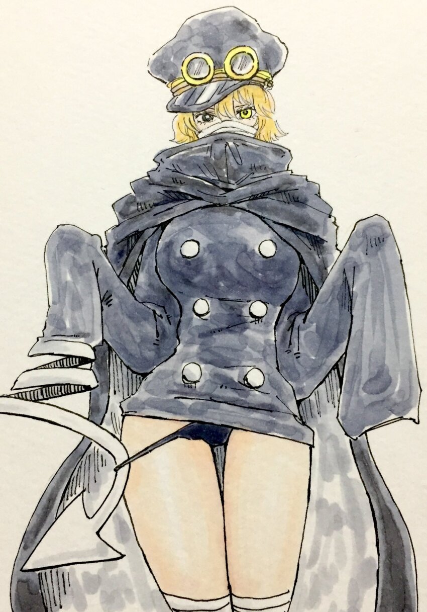 bandages blonde_hair bottomless breasts buttons cloak covered_mouth goggles gunko hat heterochromia highres large_breasts one_piece panties panty_pull puipui_(gamename) short_hair thighs underwear unraveling very_long_sleeves visor_cap yellow_eyes