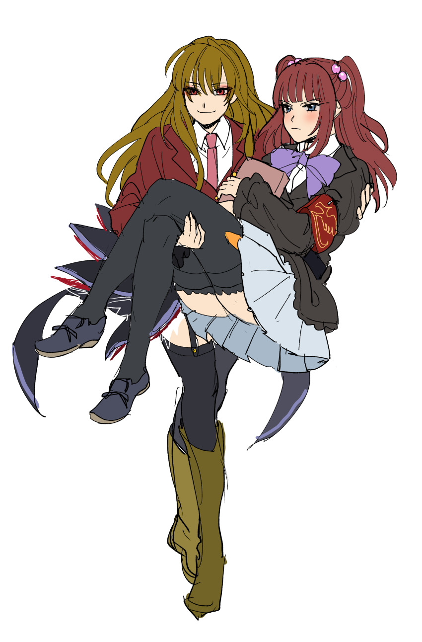 2girls absurdres armband bad_id bad_pixiv_id black_jacket black_legwear blonde_hair blue_eyes blush book boots bow brown_footwear brown_hair carrying crossed_legs garter_straps grey_skirt hair_bobbles hair_ornament highres jacket kuya_(hey36253625) mammon_(umineko) multiple_girls pink_neckwear princess_carry purple_bow red_eyes red_hair red_jacket sketch skirt thighhighs thighs umineko_no_naku_koro_ni ushiromiya_ange white_background