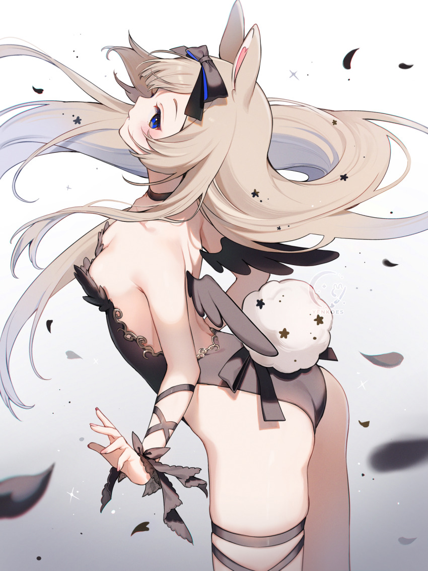 1girl animal_ears arched_back ass back bare_shoulders black_choker black_leotard blue_eyes blush breasts choker closed_mouth from_side gradient_background grey_hair hair_ornament highleg highleg_leotard highres indie_virtual_youtuber leotard long_hair playboy_bunny rabbit_tail skindentation small_breasts solo tail thigh_strap thighs virtual_youtuber wings yenko_(vtuber) yenkoes