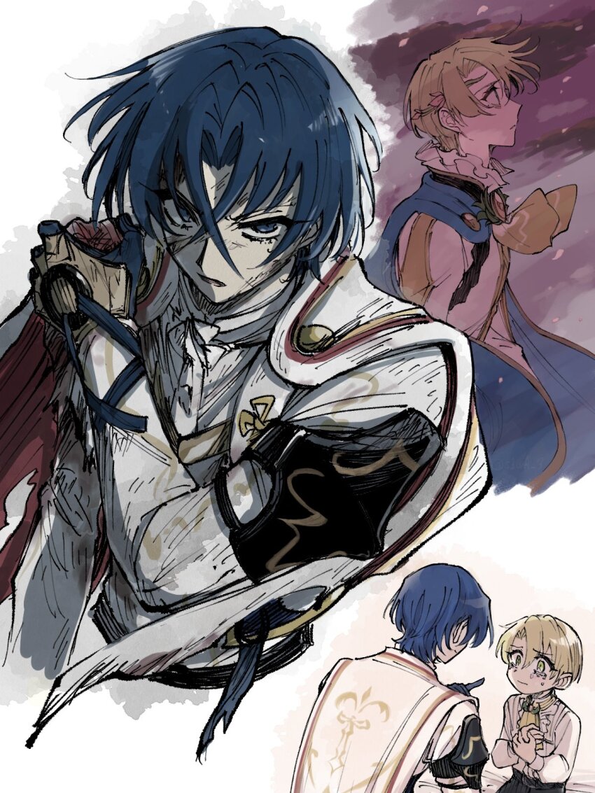 2boys alfred_(fire_emblem) ascot blonde_hair blue_cape blue_eyes blue_gloves blue_hair cape crossed_bangs fire_emblem fire_emblem_engage gloves green_eyes hair_between_eyes highres male_alear_(divine_dragon)_(fire_emblem) male_alear_(fire_emblem) multiple_boys nintendo prince s1wa_3 yellow_ascot
