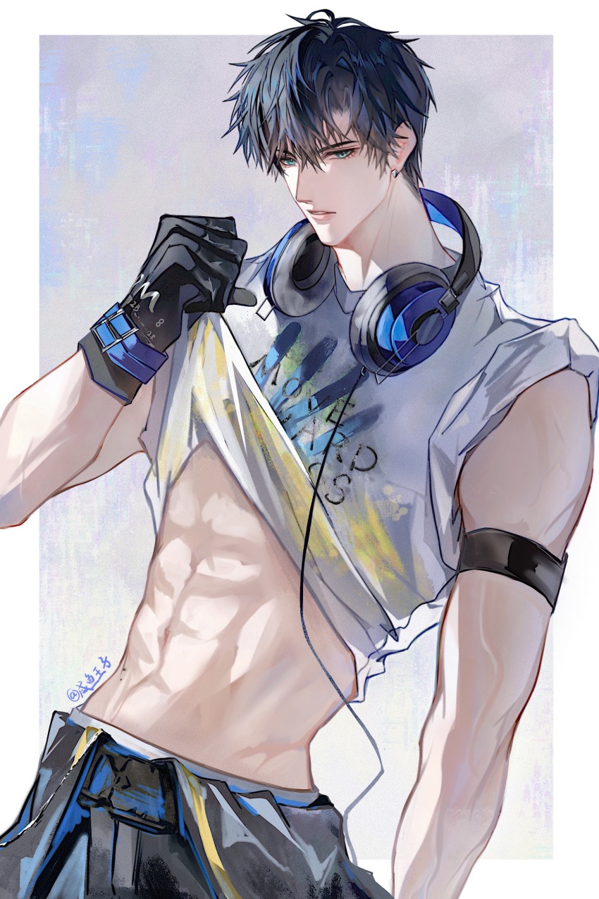 1boy abs absurdres aqua_eyes arm_at_side arm_strap belt black_belt black_gloves black_hair border cable clothes_around_waist clothes_lift cowboy_shot earrings gloves grey_background hair_between_eyes headphones headphones_around_neck highres jewelry lifting_own_clothes light_and_night_love male_focus midriff outside_border parted_lips print_shirt shirt shirt_lift short_hair sideways_glance sleeves_rolled_up solo t-shirt toned toned_male veins veiny_arms white_border white_shirt xiao_yi_(light_and_night_love) youshangdexianyuwangzi