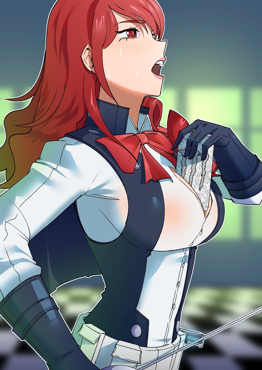 1girl absurdres belt between_breasts black_gloves black_vest blurry blurry_background bow bowtie breasts checkered_floor collared_shirt commentary english_commentary eyelashes gjh gloves hand_up highres holding holding_sword holding_weapon indoors kirijou_mitsuru large_breasts lips long_hair monster_energy open_clothes open_mouth open_vest partially_unbuttoned persona persona_3 rapier red_bow red_bowtie red_eyes red_hair see-through_clothes see-through_shirt shirt solo sweatdrop sword teeth upper_body upper_teeth_only vest weapon white_belt