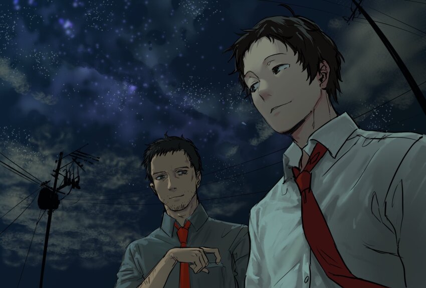 2boys adachi_tooru arm_hair arm_up beard_stubble black_eyes black_hair cable commentary_request doujima_ryoutarou facial_hair grey_shirt highres index_finger_raised looking_at_another morrisuit multiple_boys necktie night night_sky persona persona_4 red_necktie shirt short_hair sky smile star_(sky) stubble utility_pole white_shirt